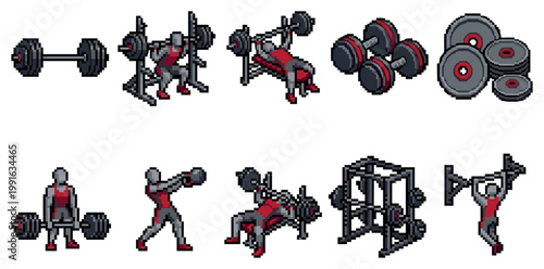 A collection of pixel art depicting various weightlifting exercises including deadlifts, bench presses, squats, and pull-ups, along with barbells, dumbbells, and weight plates.