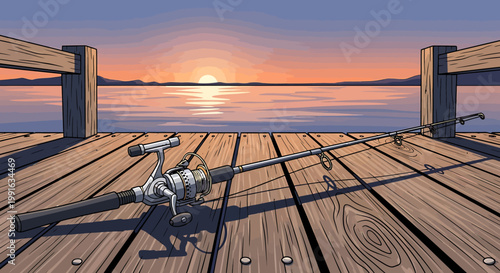 Fishing rod on wooden dock at sunset with beautiful water view.