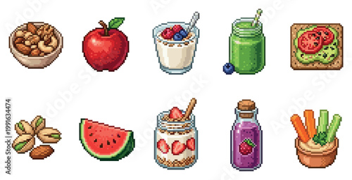 A collection of pixel art icons depicting healthy food items like nuts, fruits, smoothies, and snacks, perfect for digital design and applications.