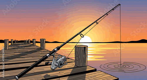 Fishing rod on wooden dock pier.