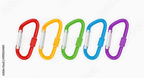 Five colorful carabiners arranged in a row on a white background.
