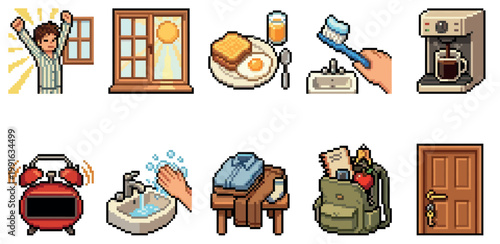 A collection of pixel art icons depicting various morning routine activities, including waking up, eating breakfast, and getting ready.