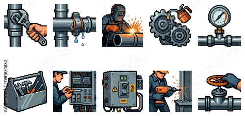 A pixel art collection featuring various industrial tools and skilled workers performing tasks like welding, drilling, and plumbing, suitable for web and game design.