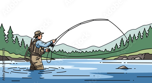 Fly Fishing Angler Casting Rod in Serene Lake Environment.