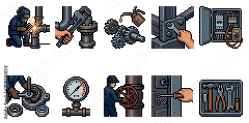 A collection of retro pixel art icons depicting industrial tasks and tools, including welding, plumbing, electrical work, and mechanics.
