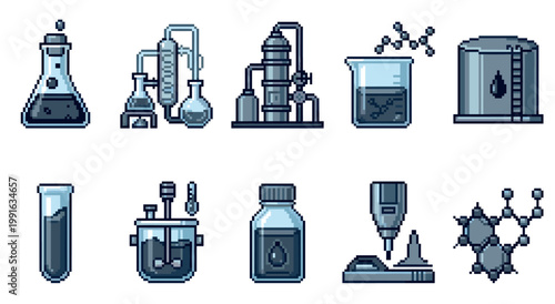 This pixel art collection features various chemistry laboratory equipment, including flasks, beakers, distillation apparatus, a storage tank, and molecular structures, rendered in a cool blue palette.
