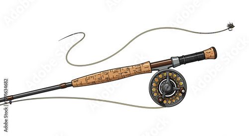 Fishing rod with reel attached closeup.