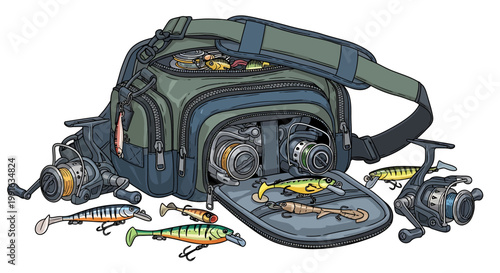 Fishing tackle bag with lures and reels for angling hobby.