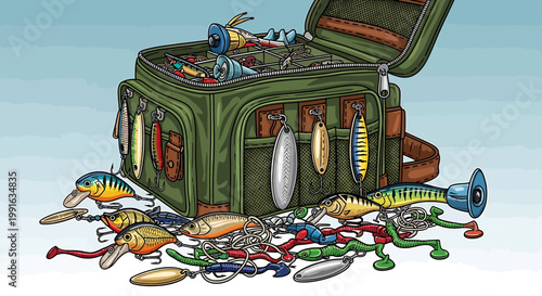 Fishing tackle box overflowing with lures and gear.