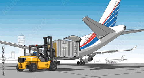Forklift Loading Cargo Container Airplane.