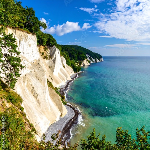 Spectacular White Chalk Cliffs Overlooking The Turquoise Baltic Sea Coastline Under A Blue At Jasmund National Park On Ruegen Island Germany