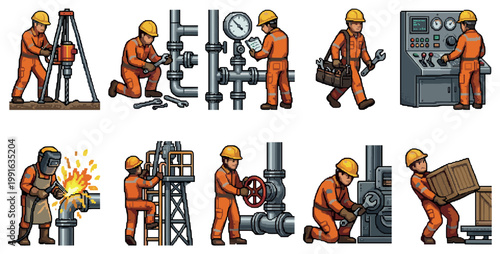 A pixel art collection of industrial workers performing various tasks, including drilling, welding, operating machinery, and carrying loads, in their orange work suits.