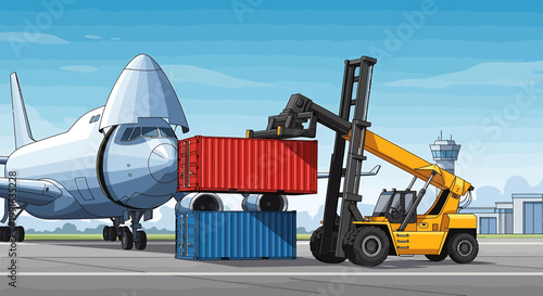Forklift Loading Cargo Container onto Airplane for International Shipping.
