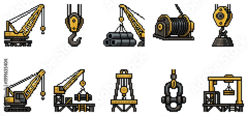 A collection of pixel art icons depicting various construction cranes, winches, and lifting equipment in yellow and dark tones, perfect for game design or industrial themes.