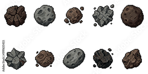A pixel art collection of ten unique asteroids and space rocks in various shapes and shades of brown and grey, perfect for games or digital design.