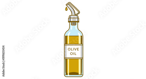 Glass bottle filled with golden olive oil and a pouring spout.