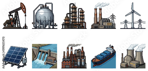 A collection of pixel art illustrations depicting various industrial facilities and transportation methods, including oil rigs, power plants, and cargo ships.