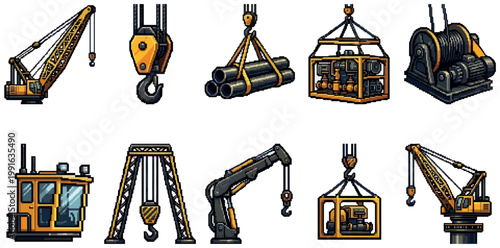 A pixel art collection of construction cranes and lifting equipment, including mobile cranes, a hook, pipes, and cargo containers, ideal for industrial themes.