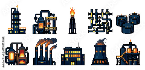 A collection of pixel art illustrations depicting various industrial factory buildings, including refineries, chimneys, and cooling towers, with a dark color palette and warm glowing lights.