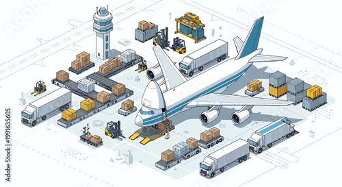 Global Air Cargo Logistics Operations with Airplane and Ground Support Equipment.