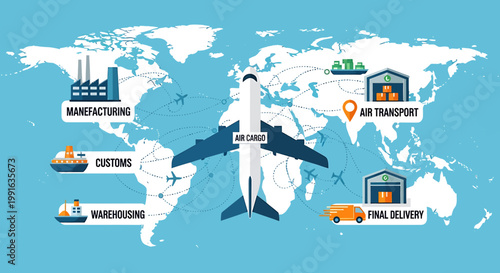 Global Air Cargo Transportation and Logistics Illustration on World Map.