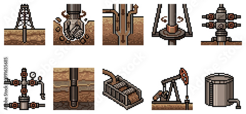 A collection of pixel art icons representing various stages and equipment in the oil and gas industry, including drilling rigs, pumps, and storage tanks.