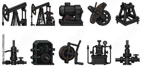 A collection of pixel art illustrations depicting vintage industrial machinery and oil drilling equipment in a dark, gritty style with limited color palette.