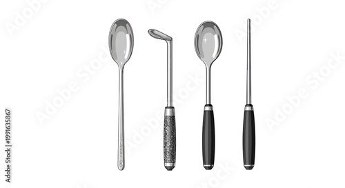 Four different types of spoons and a chopstick on a white background.