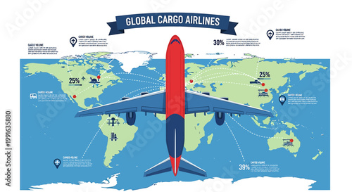 Global Cargo Airlines Airplane Flying Over World Map Illustration.