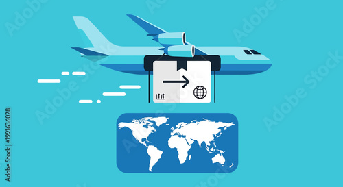 Global Shipping and Logistics Concept - Airplane Delivering Package Worldwide.