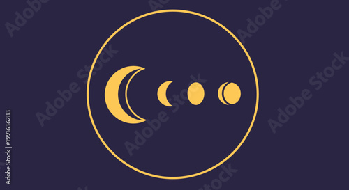 Golden Moon Phases Inside Circle on Dark Blue Background.