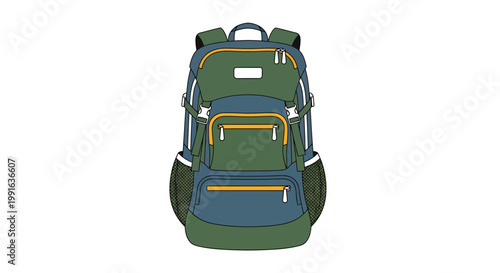 Green and Blue Backpack Isolated on White Background for Travel.