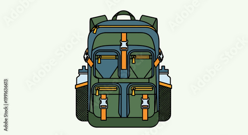 Green and Blue Backpack with Water Bottles, Ready for Adventure.