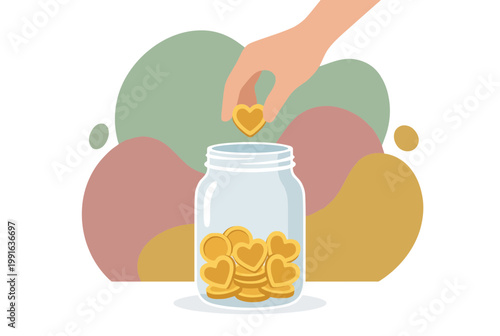 Hand Putting Heart Coin into a Glass Jar for Donation and Saving