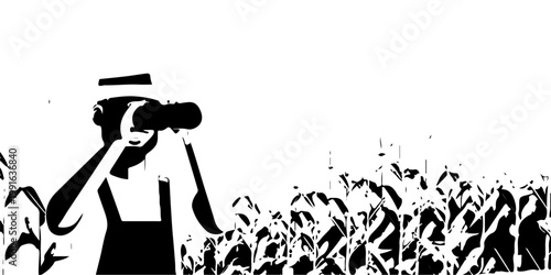 Black vector illustration of a woman photographer silhouette holding a camera while standing in a forest personifying professional people