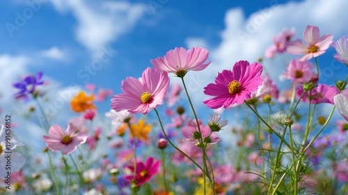 Vibrant field of colorful flowers blooming under a bright blue sky