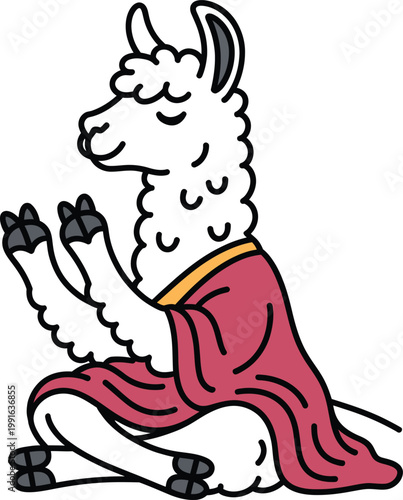 Cartoon llama in a meditative pose wearing a pink robe