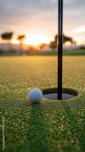 Golden hour glows over a golf course. White ball rests beside the hole. Golf flag stands tall in soft light. Sunset colors paint distant trees. Grass glistens, reflecting warmth