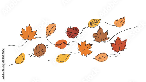 Colorful autumn leaves falling from tree branches.