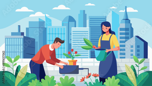 Rooftop gardening in the city a couple cultivating plants with a skyline view