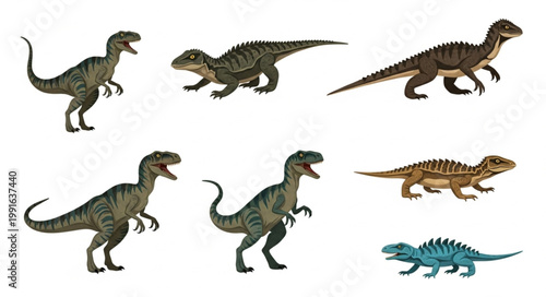 Collection of Realistic Dinosaur Models on White Background.