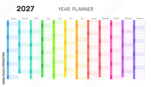 2027 year planner, wall calendar for schedule, daily and monthly agenda. Blank calendar template for 2027 year with twelve months vertical grid in rainbow colors, vector illustration