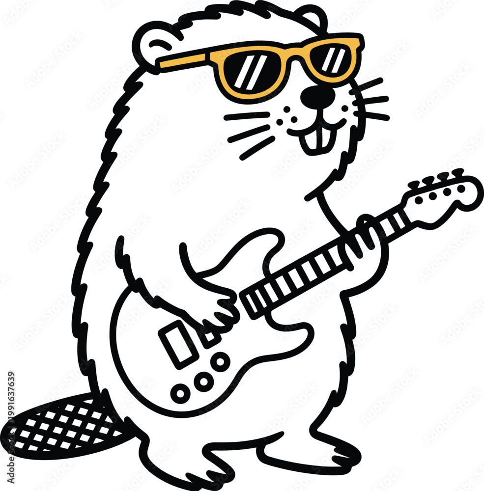 Fototapeta premium Cool cartoon beaver playing electric guitar wearing sunglasses