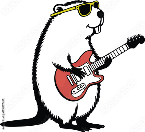 Cool cartoon beaver wearing sunglasses playing a red electric guitar