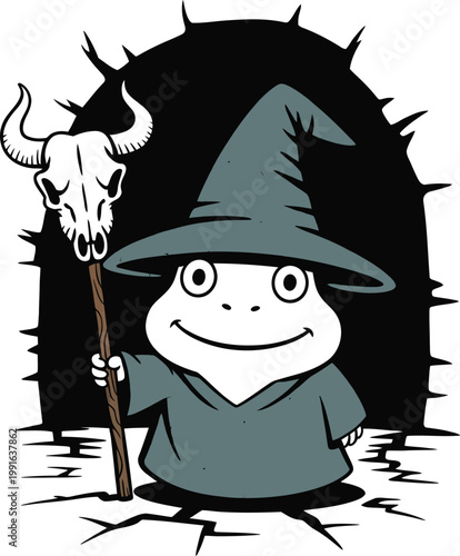 Cute cartoon frog wizard holding a staff with a bull skull, fantasy character illustration