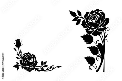 Black Rose Flower Silhouettes, Floral Corner and Border Vector Set