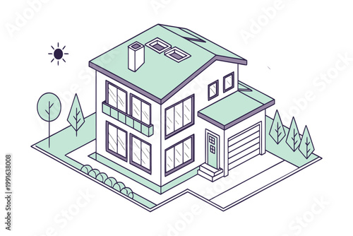 Isometric modern eco friendly house with garden and solar panels