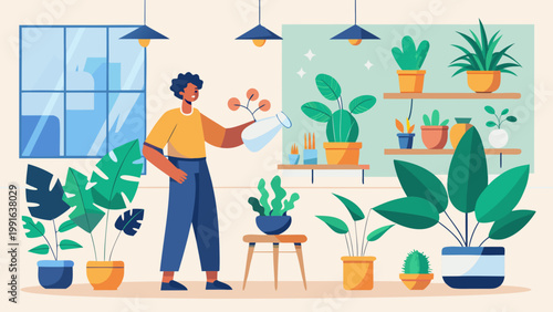 Title a young man tending to indoor plants in a bright modern living room setting