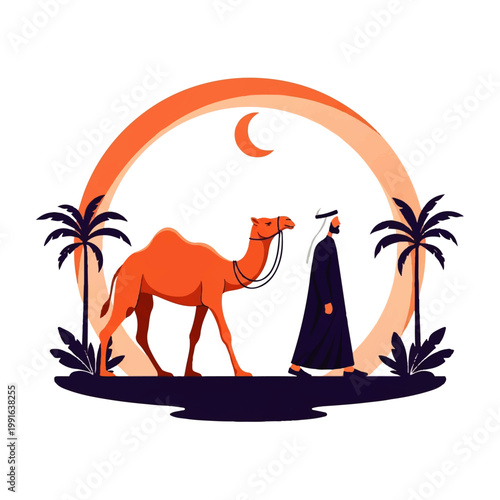 Vector flat design illustration of a man in traditional clothing walking with a camel under a crescent moon and palm