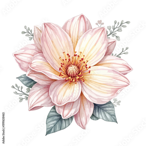 Large Pink Peony Flower with Green Leaves